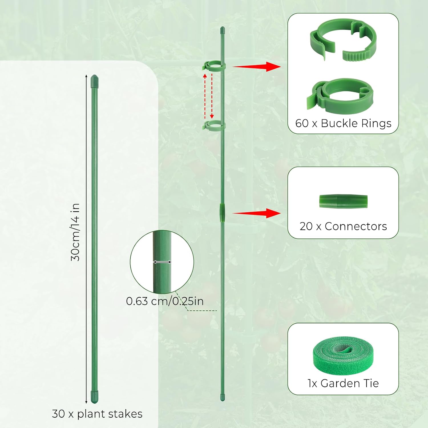 30 Pcs Plant Support Stakes Height Adjustable (17.7, Inches) | Garden Single Stem Plant Stake with 60 Pcs Plant Clips