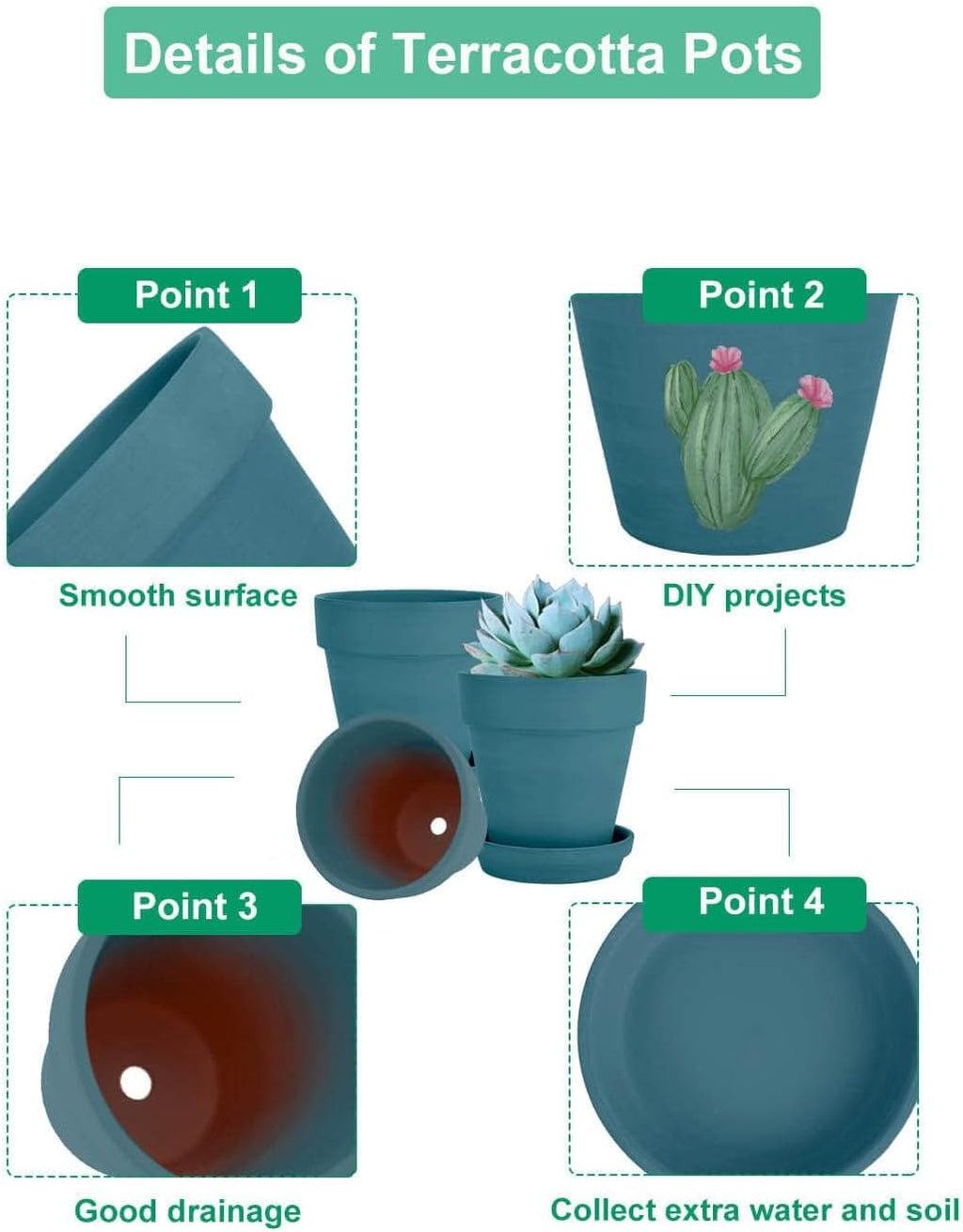 4 Inch Steel Blue Terracotta & Clay Pots with Saucer, 6 Pack | Medium Terra Cotta Planter with Drainage, Flowerpot for