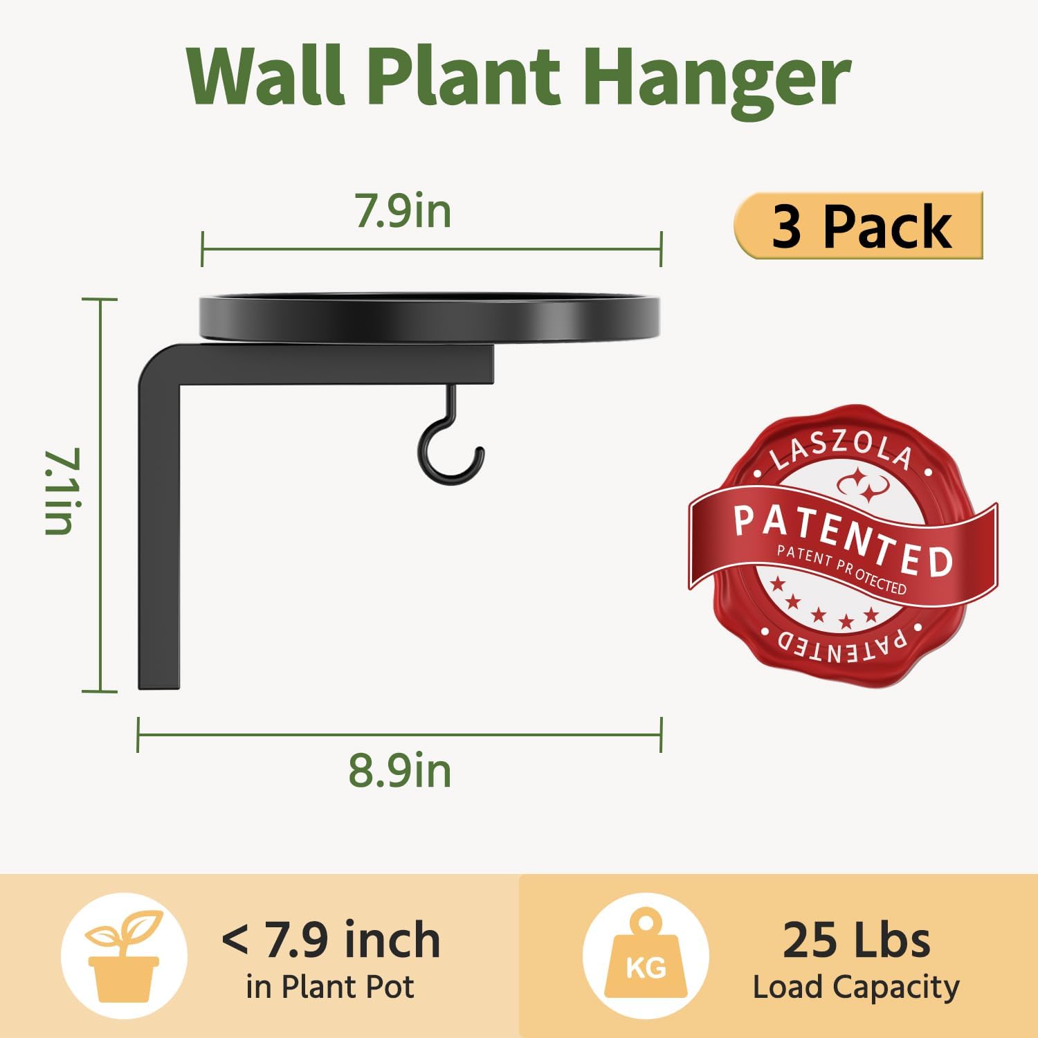 LASZOLA Plant Hanger Holder Window Shelf Wall Mounted Indoor, 3 Pcs Black | Modern Metal Floating Stand, Hanging Flower