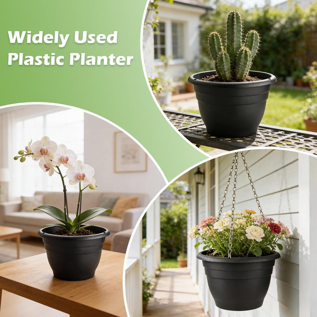 RooTrimmer 15 Pack 11 Inch Plant Pots with Drainage Holes,Black Plastic Flower Pots with Hanging Holes,Durable Planters