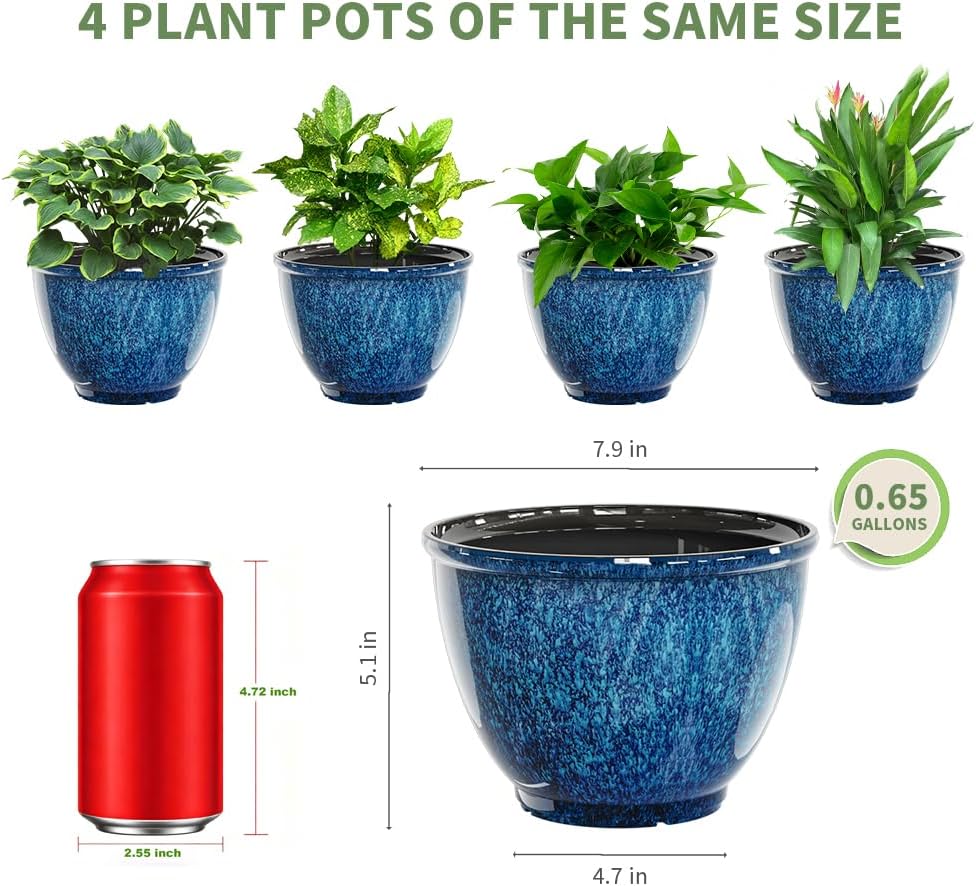 Vanslogreen 8 Inch Glazed Plastic Plant Pots, Set of 4 Planters with Drainage Holes - Indoor/Outdoor Flower Pots for
