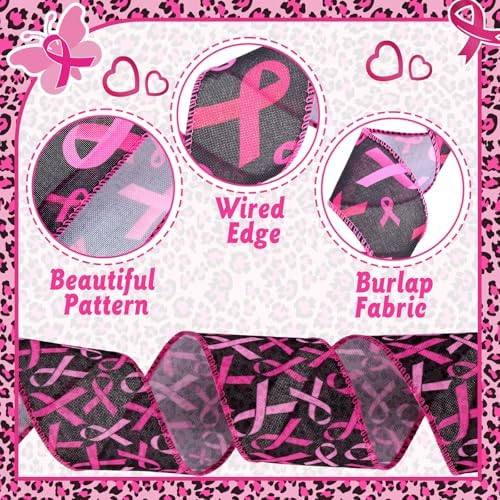 12 Rolls 60 Yards Breast Cancer Wired Ribbon Pink Butterfly Bows
