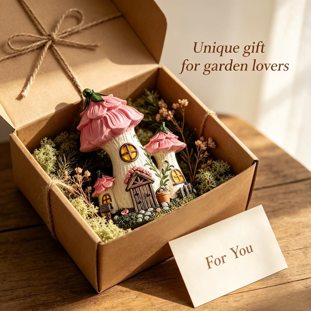 Mushroom Fairy House, Resin Pink Fairy Garden Statue, Outdoor Garden Decor for Patio Lawn, Fairy Door Accents for