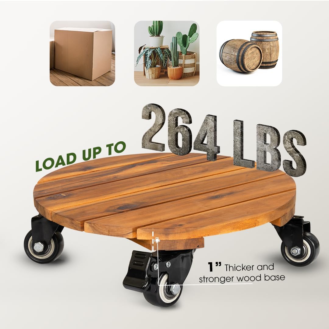 2pack 12inches Wood Plant Caddy with Wheels Heavy Duty, 264 Lbs Capacity, Acacia Hardwood Plant Dolly, Plant Stand with