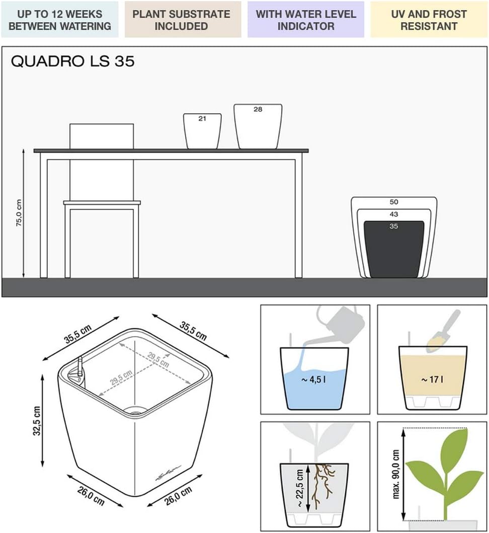 Lechuza Quadro LS 35 Cream White High Gloss, Self-Watering Square Planter, H13 L13.8 W13.8 in