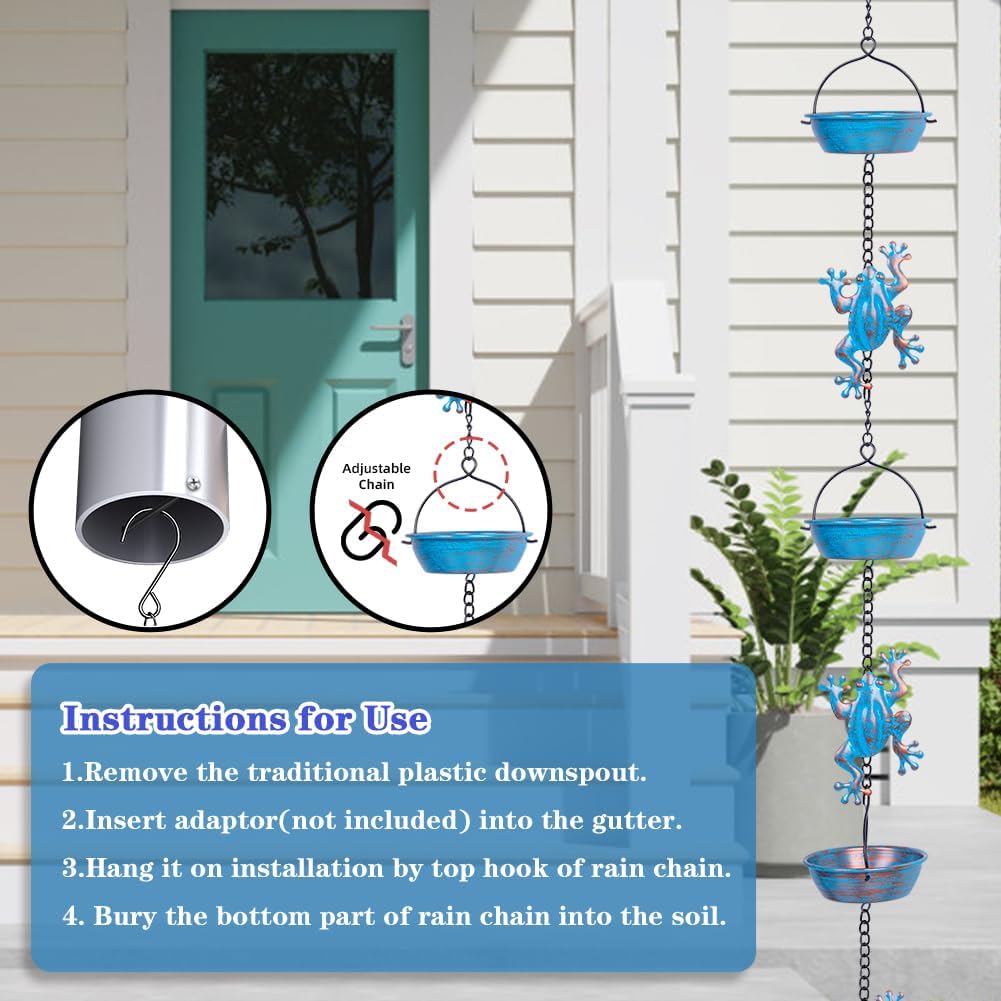 11.4FT Frog Rain Chains for Outside Gutters, Eaves, Drainage | 12 Cups, Metal Rain Chain, Adjustable Length, Functional