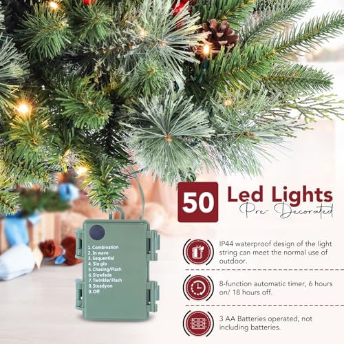 1 Pcs 30 Inch Christmas Tree Green Outdoor Planter Pots Filler Prelit Xmas Pine Trees with Cones and Red Berries 50 Warm White LED with 8 Light Modes and Timer for Yard