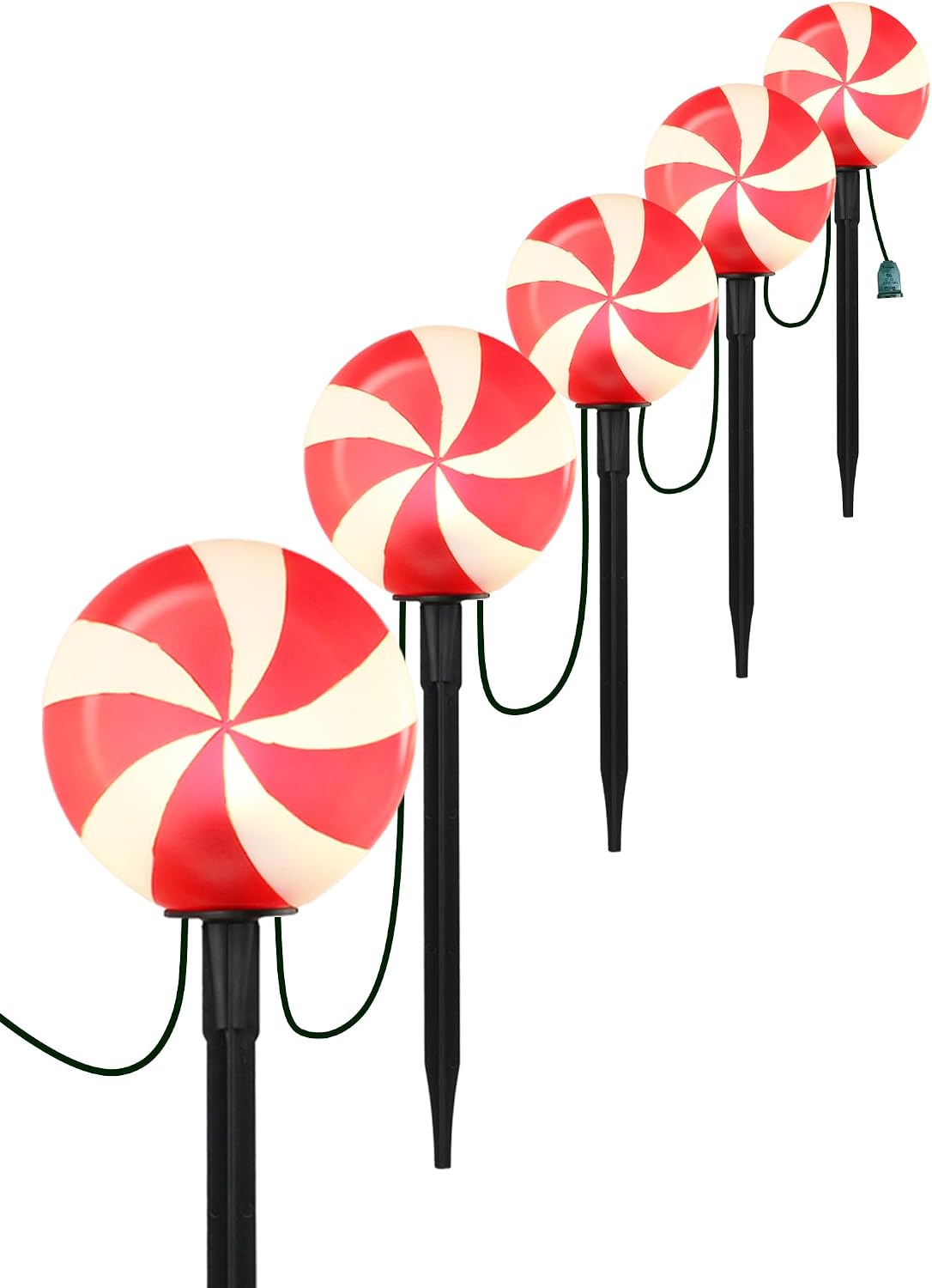 Set of 5 Large Christmas Candy Cane Yard Stakes, Professional-Grade Outdoor Peppermint Decorations with C7 LED Lights, Heavy-Duty Holiday Light Stakes for Walkway, Lawn & Driveway