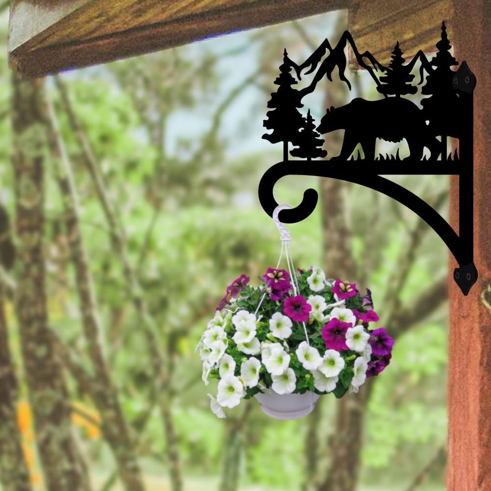 Forest Bear Plant Hanger Bracket, Iron Outdoor Hanging Hook | 12"x15" Weather Resistant Metal Holder for Hanging