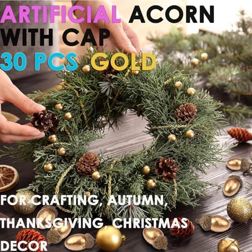 AKOAK 30 Pcs Artificial Acorns with Natural Acorn Cap, Lifelike Fake Oak Nut, Simulation Fruit Props for DIY Crafting, Wedding, House Decor Christmas Decoration Fall Table Scatter （Golden）