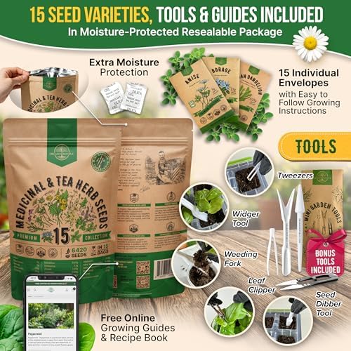 Organo Republic 15 Medicinal & Tea Herb Seeds Variety Pack 6,420+ Non-GMO Heirloom Garden Seeds for Indoor & Outdoors, Including Anise, Borage, Cilantro, Chamomile, Dandelion, Rosemary Seeds