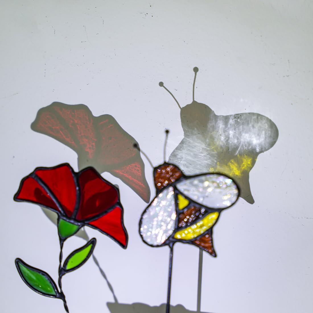 Bee Stained Glass Suncatcher For Window, Carnation Flower Decor Stained Glass Insert In Pots, Housewarming Gifts, Fake