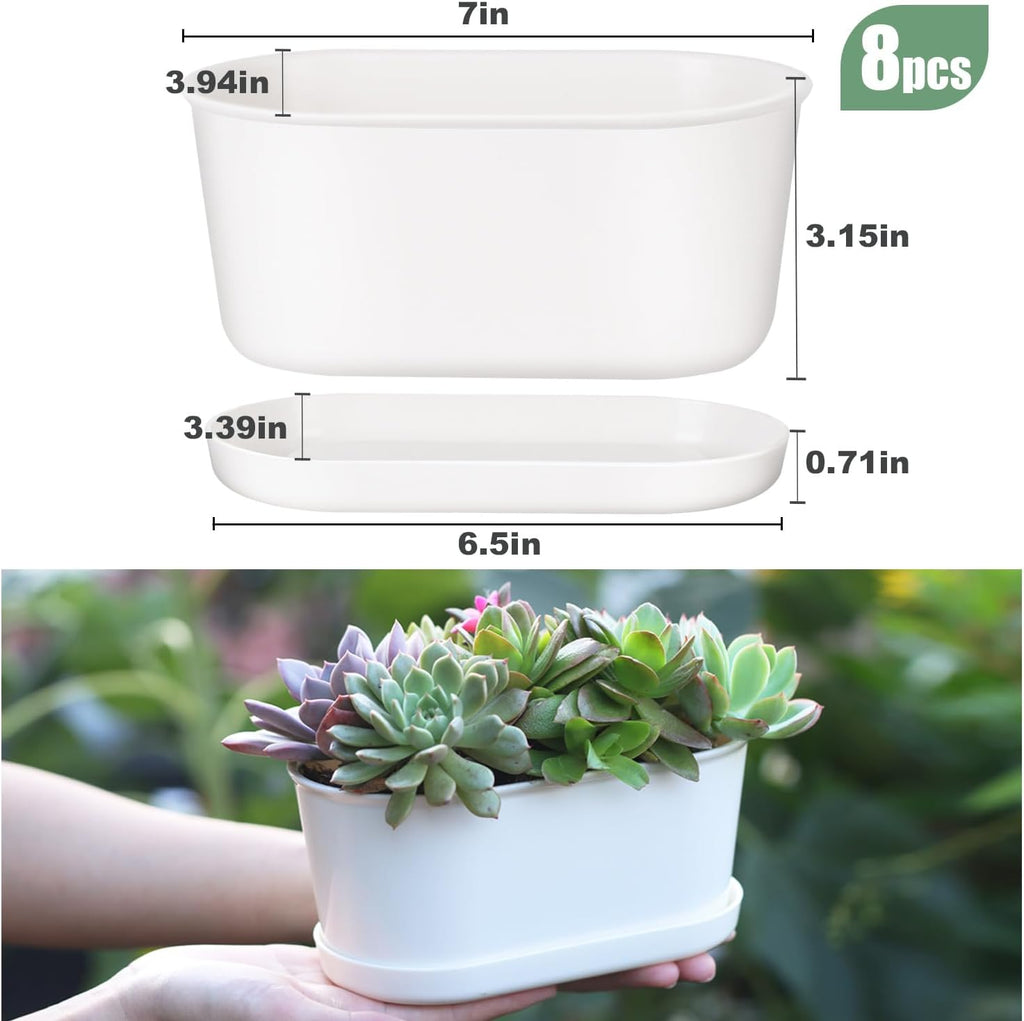 Set of 8 White Oval Window Sill Planters with Drainage Holes and Trays（7 Inch） for Herbs Basil Orchids Succulents