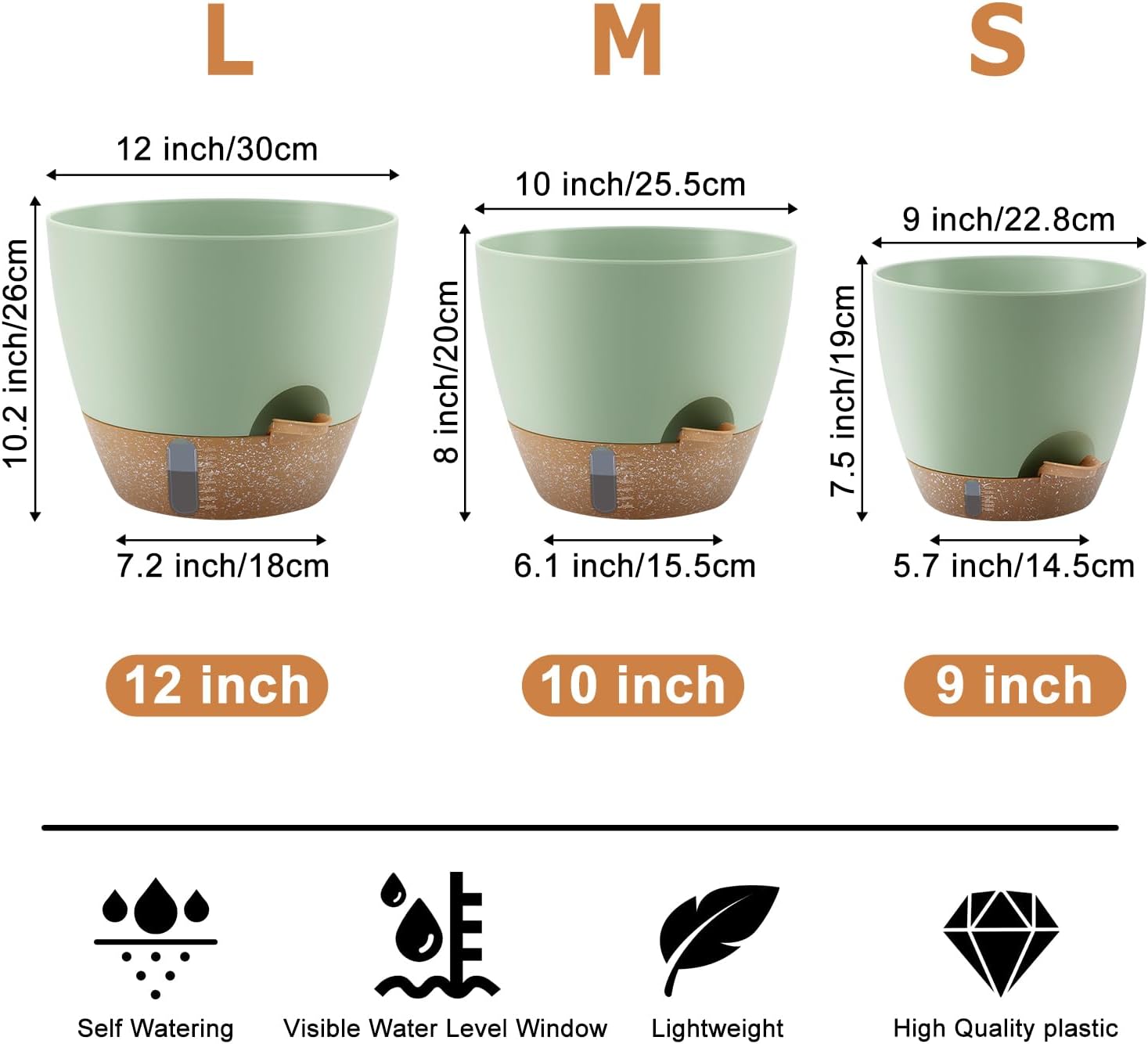 QRRICA 12/10/9 Inch Self-Watering Plant Pots with Water Level Indicator, Drainage Holes & Saucers – Large Plastic