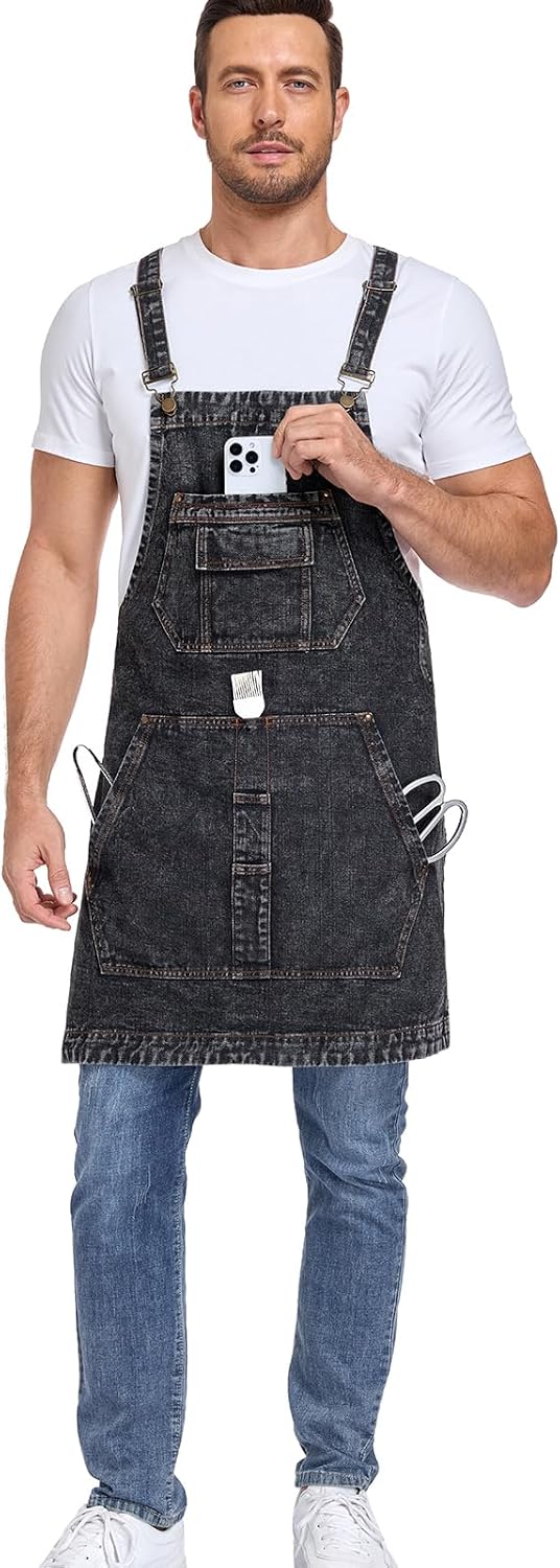 Denim Apron with Pockets for Hair Stylist Cross Back Men Women | Gardening Craftsmen Barista Hairdresser Jean Work