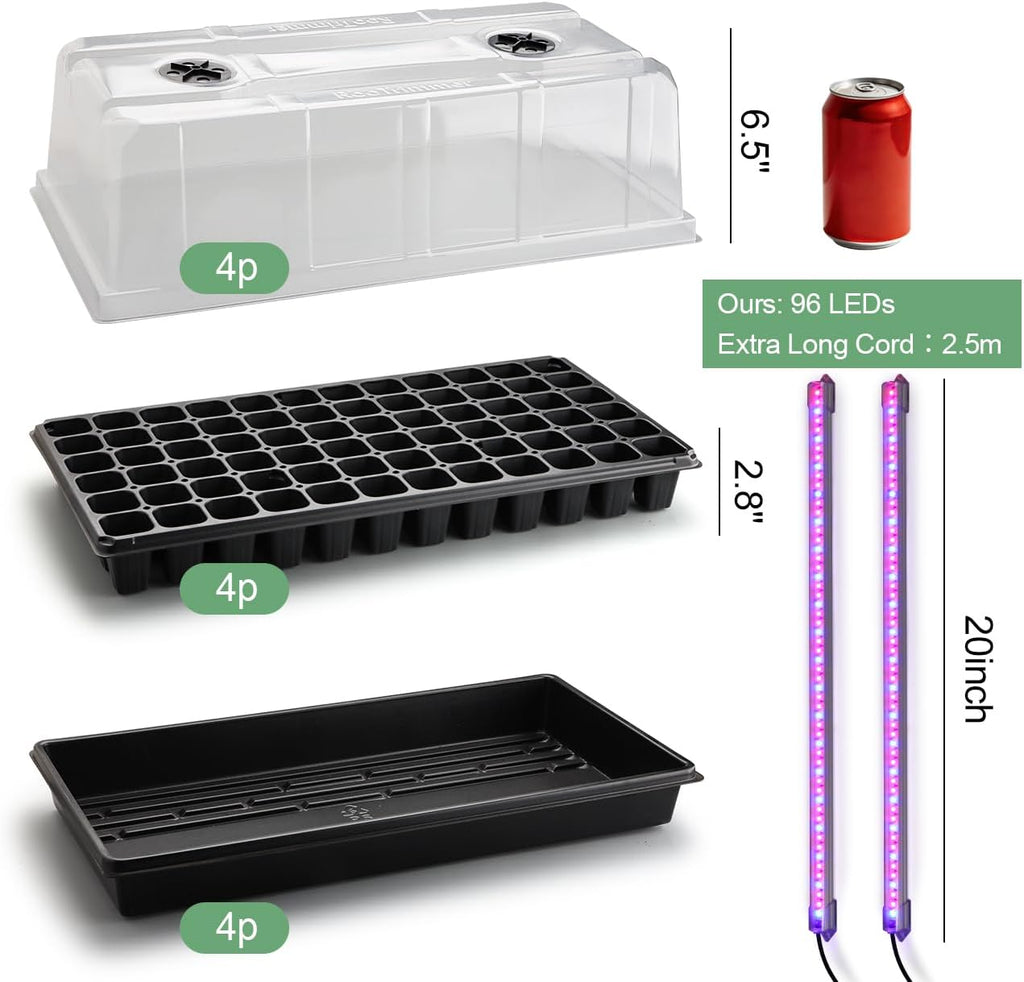 4-Pack 1020 Trays with Grow Light & 72 Cell Plug & 6.3" Tall Humidity Domes | Heavy Duty Plant Germination Kit for Seed