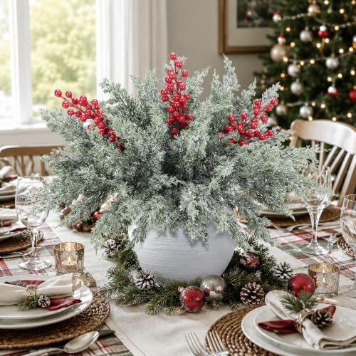 12 Pcs 16.5" Artificial Christmas Snow Pine Branches with Red Berry Stems