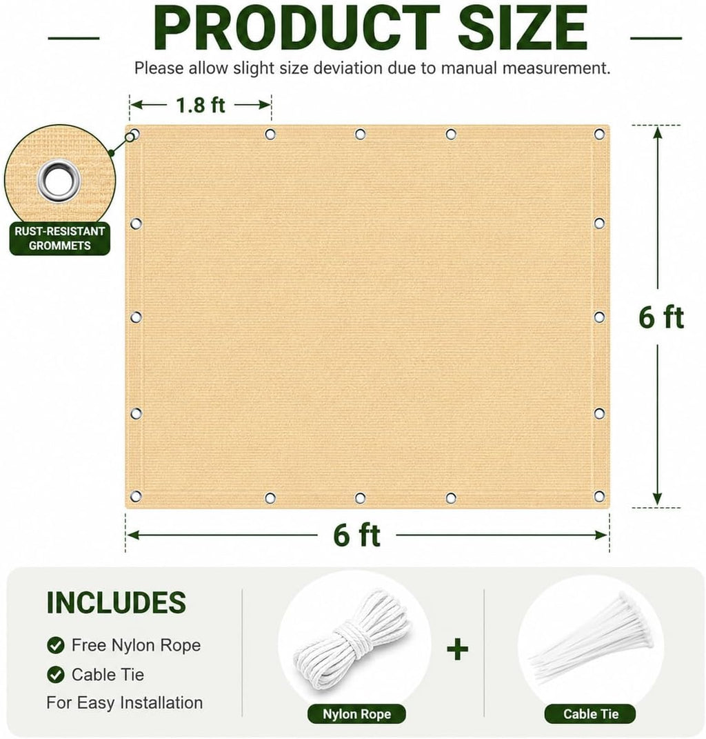 90% Outdoor Sun Shade Cloth, 6' x 6', Pergola, Deck, and Backyard Patio Sunshade with UV Protection, Heat Resistant