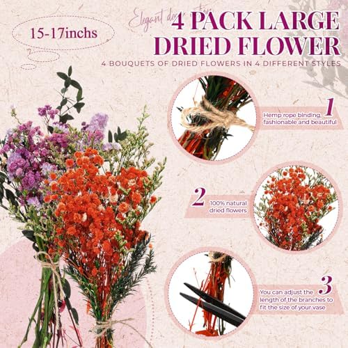 Layhit 4 Pack Large Size Boho Dried Flowers 15-17 Inch, Babysbreath