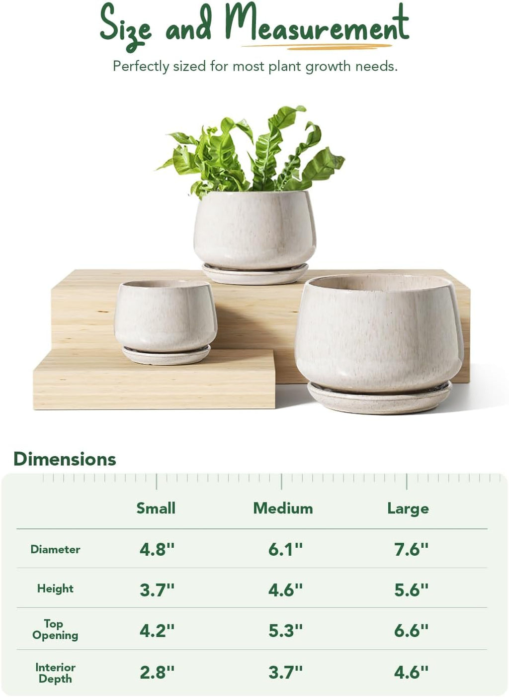 LE TAUCI Plant Pots, 4.1+5.1+6.5 inch, Set of 3, Ceramic Planters with Drainage Hole and Saucer, Indoor Flower Pot with