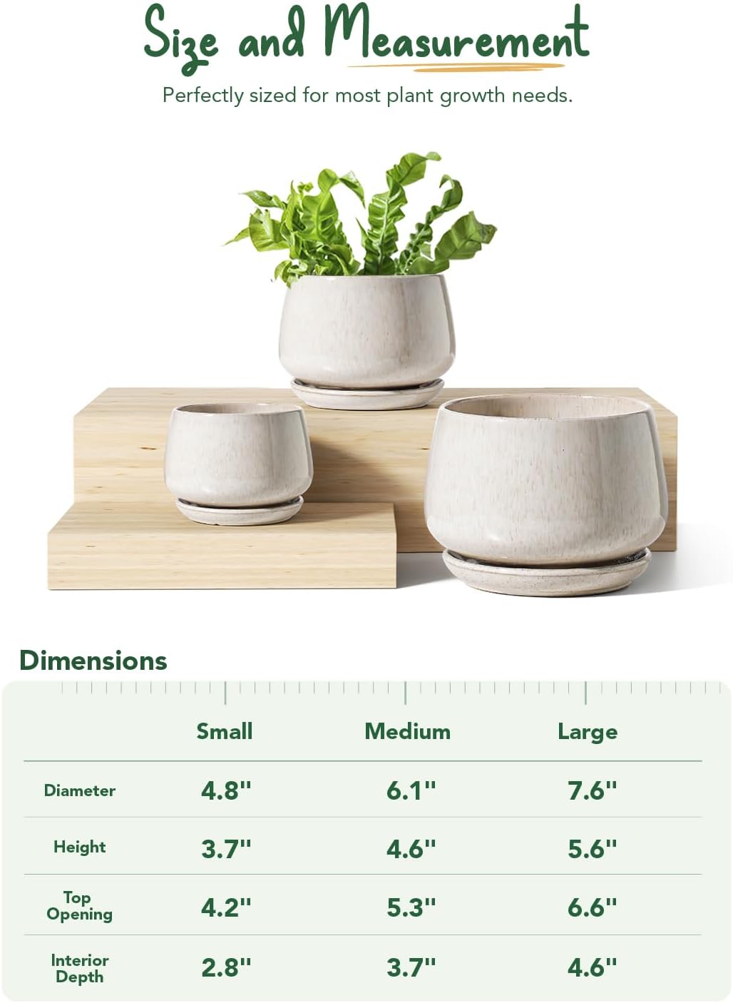 LE TAUCI Plant Pots, 4.1+5.1+6.5 inch, Set of 3, Ceramic Planters with Drainage Hole and Saucer, Indoor Flower Pot with