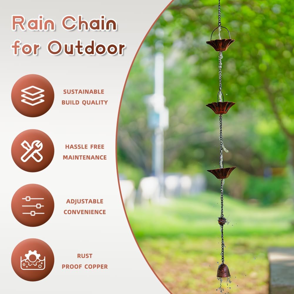 10FT Lotus Rain Chain, Rain Chains for Gutters with 12 Cups | Adjustable Rain Catcher Chain with Bell for Eaves