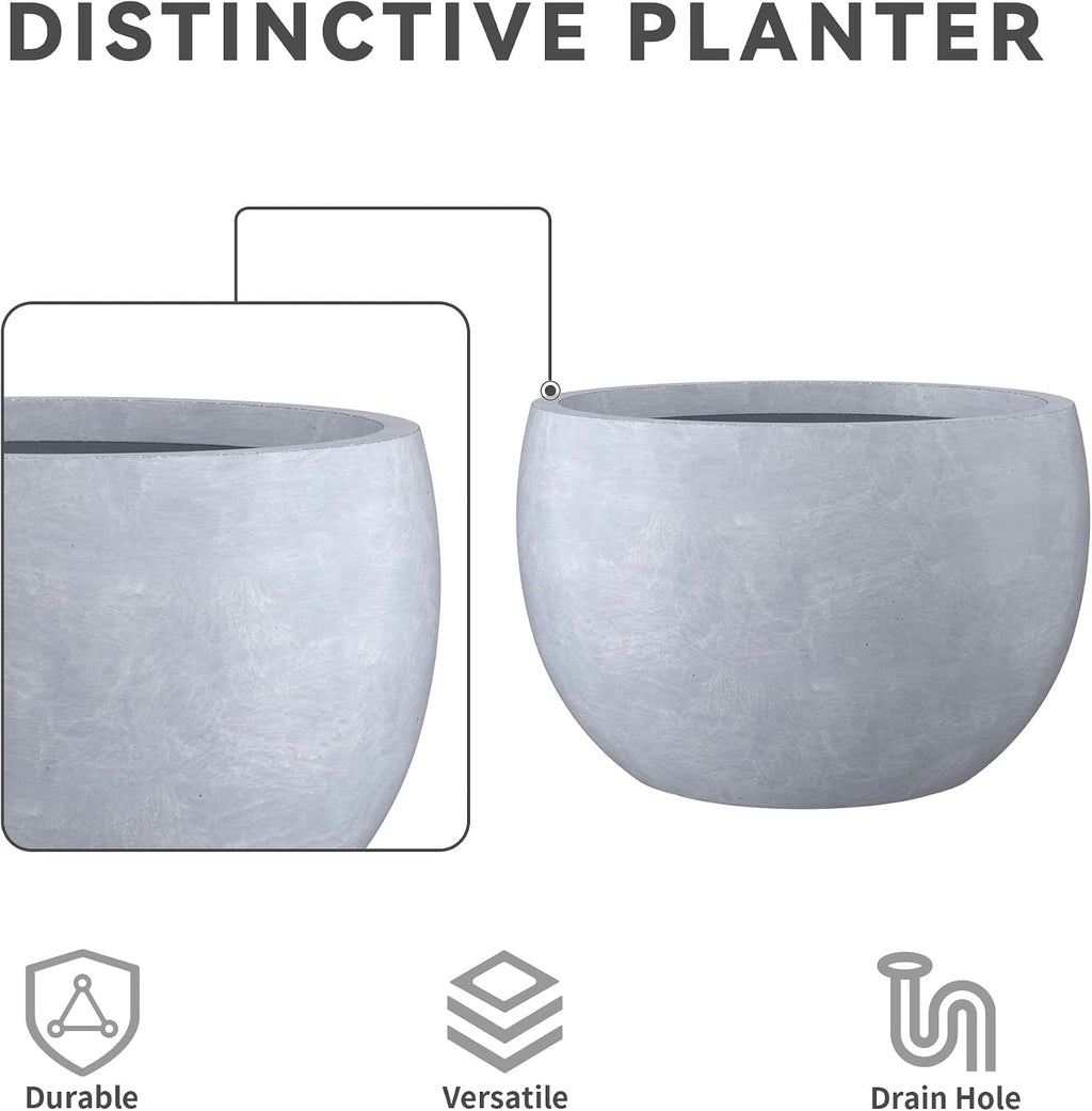 Kante Set of 3 Blue Gray Concrete Bowl Planters 20" 15.7" 11.8" Dia | Drainage for Outdoor, Rubber Plug for Indoor