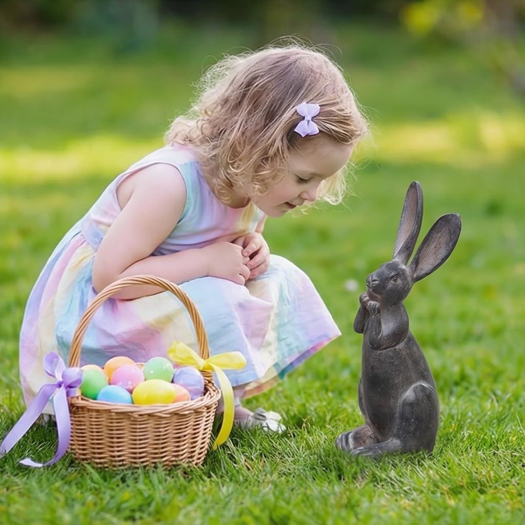 DiliComing Bunny Garden Decor 11 Inch Brown Resin Rabbit Outdoor Statue | Animals Yard Decorations, Cute Cheeky Bunny