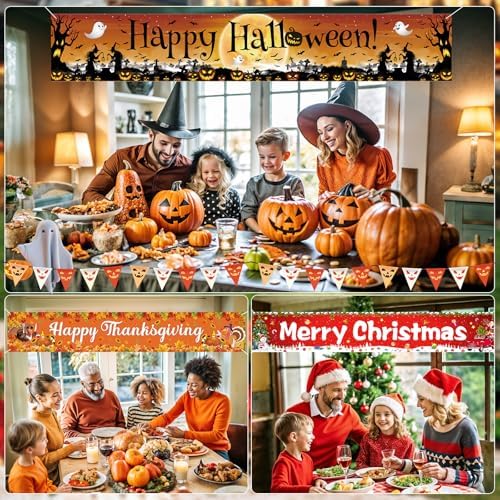 3pieces Large Happy Halloween Thanksgiving Christmas Banner Decorations,Halloween Thanksgiving Merry Christmas Yard Banner Sign Outdoor for Fall Xmas Holiday Party Supplies Decor Porch Garage Outside