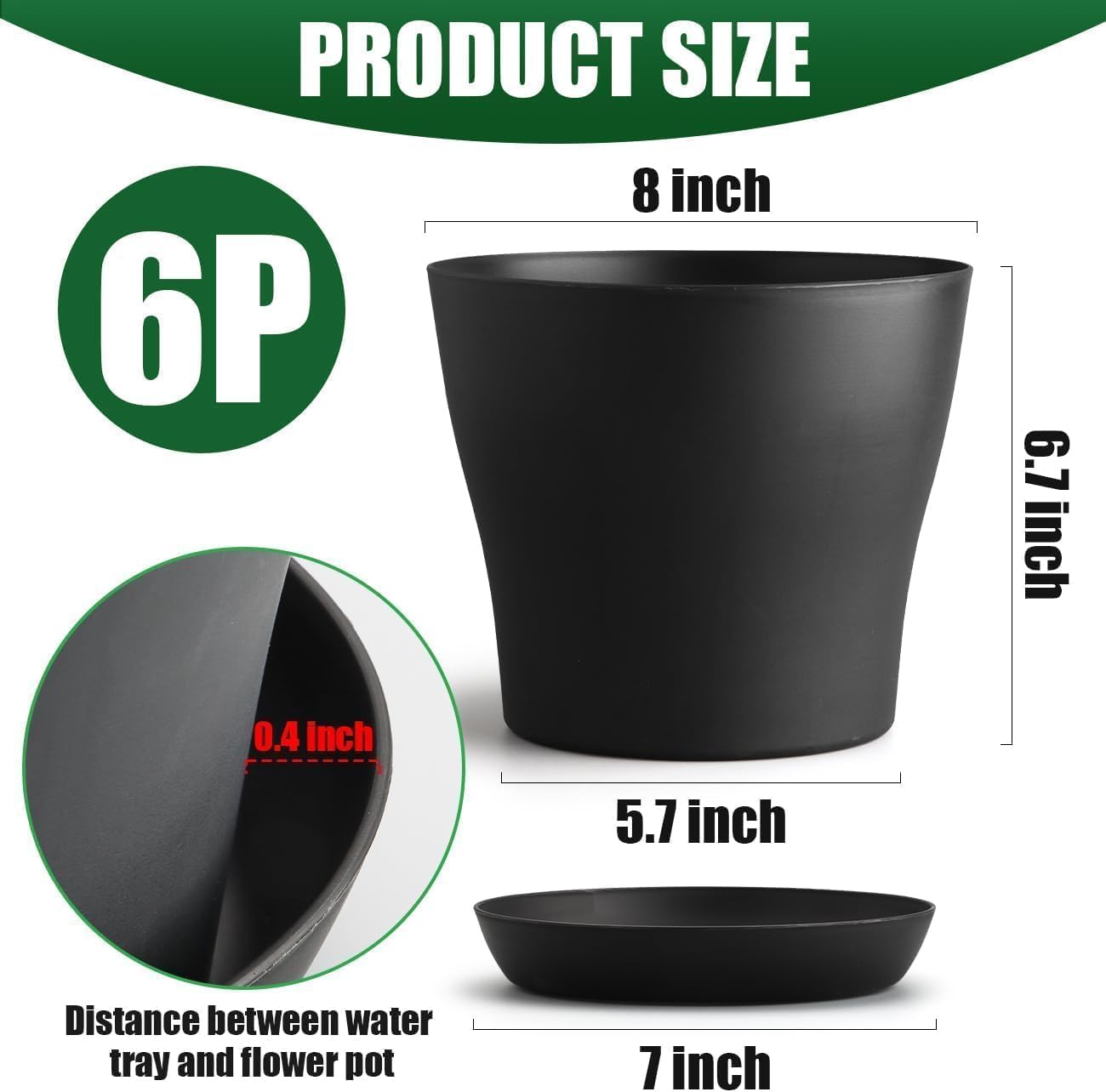 8inch Plant Pot with Large Drainage Holes &Saucer for Indoor Outdoor Plants | 6 Pack 8" Plastic Nursery Pots- Garden