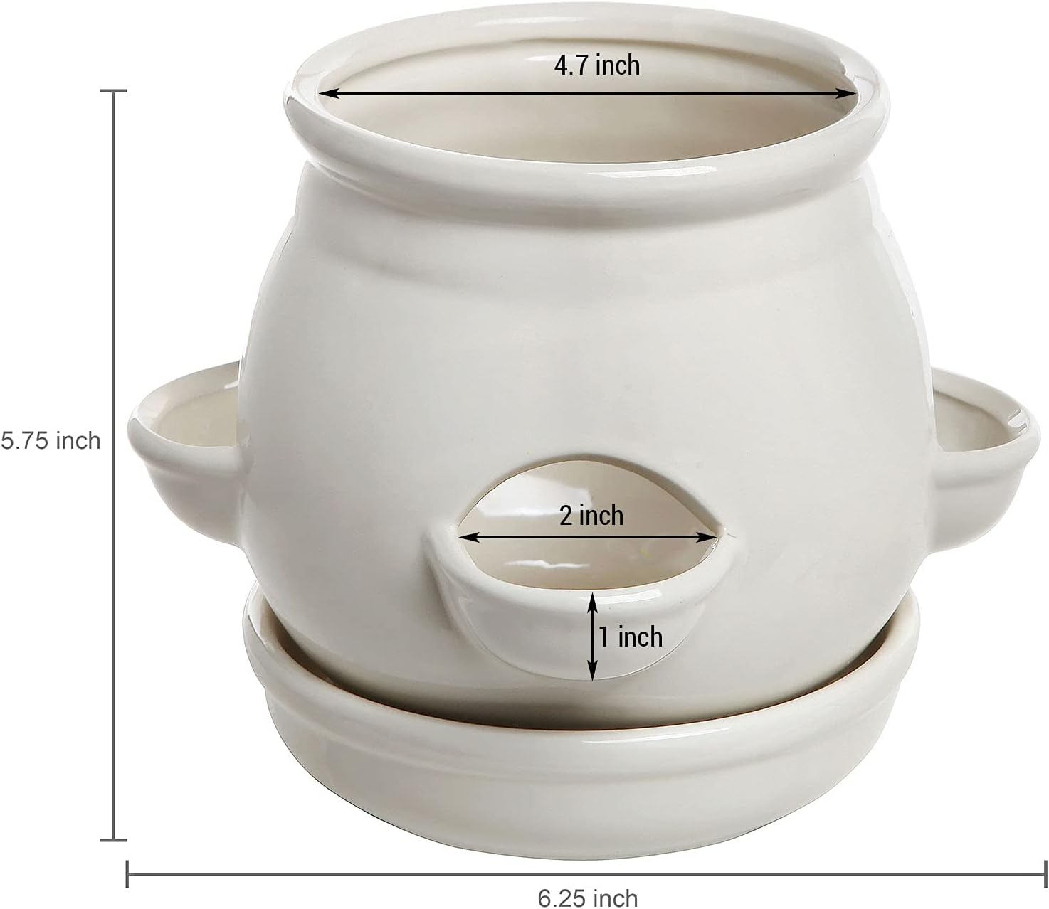 MyGift White Ceramic Plant Pot, Flower Strawberry Planter with Saucer and 4 Decorative Side Openings Design