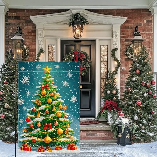 Winter Christmas Tree Garden Flag for Outside, Snowflake Xmas Ball Welcome Christmas Yard Flag 12x18 Inch Double Sided Burlap Holiday Farmhouse Home Decoration Outdoor Flag