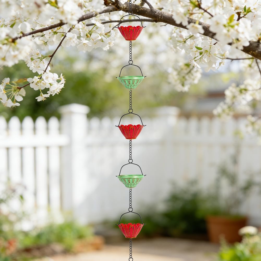 dreamysoul Rain Chains for Outside, 10 FT Decorative Rain Catcher Chains with 16 Cups, Adjustable Rain Chain for