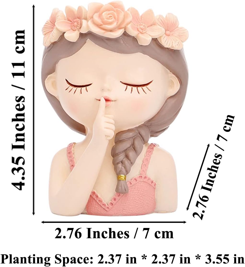 Cute Head Planter Resin Succulent Planter Little Girl Flower Pot, Human Face Cactus Plants Container Bonsai Holder