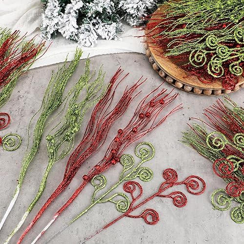 Tigeen 48 Pcs Christmas Tree Picks Glitter Curly Berry Stems,Red Green