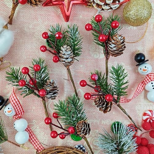 RONYOUNG 20PCS 4.5inch Red Berry Stems Pine Branches Evergreen Berries Décor Artificial Pine Cones Branch for Christmas Craft Wreath Pick & Winter Holiday