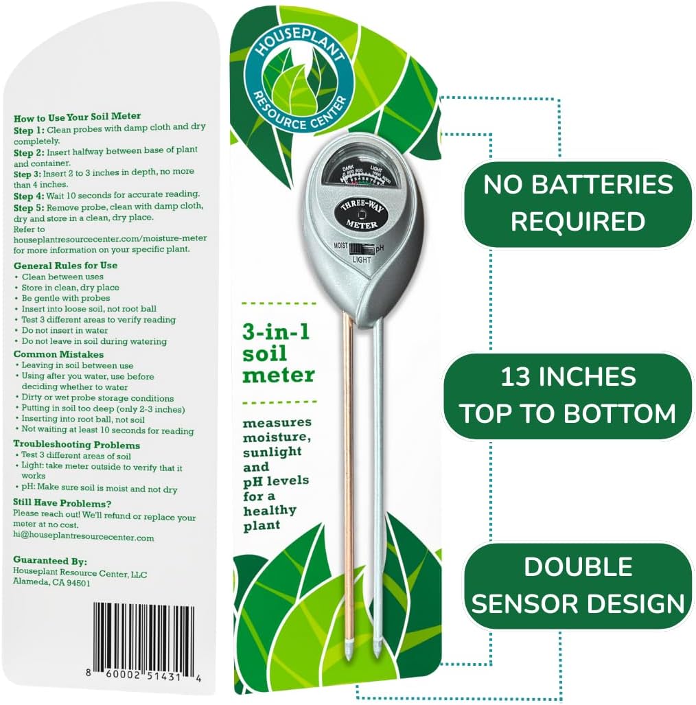 Houseplant Health Meter, 3-in-1 Soil Moisture, Sunlight & pH Testing Tool