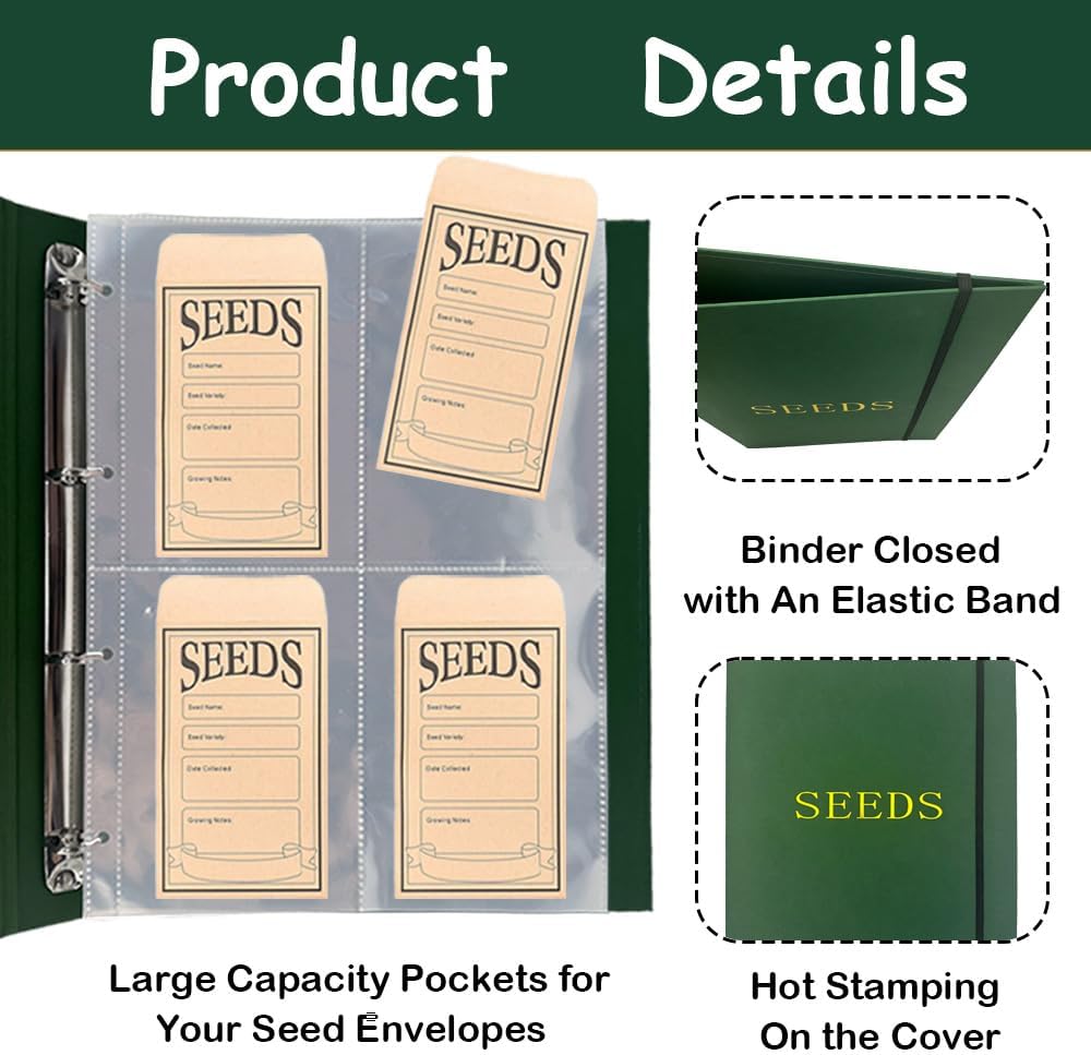 Extra Large Seed Storage Organizer Binder,3 Ring Seed Packet Organizer | with 200 Pockets(50 Pack Clear Sheet