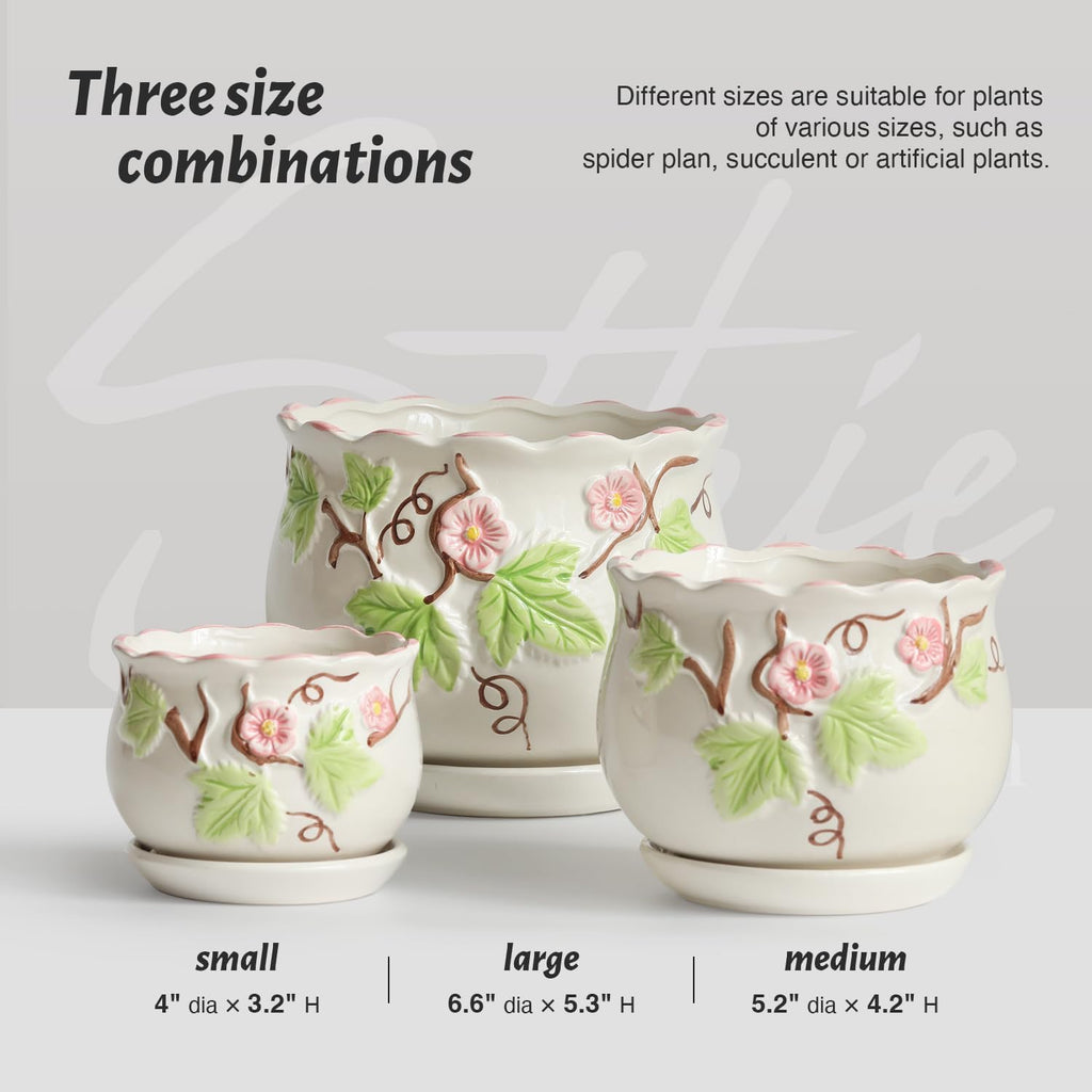 Ceramic Plant Pots with Drainage Holes and Saucers, Small Planters Set of 3 | Round Hand-painted Green Flower Pots for
