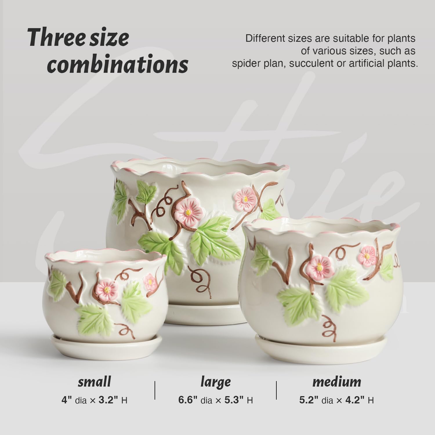 Ceramic Plant Pots with Drainage Holes and Saucers, Small Planters Set of 3 | Round Hand-painted Green Flower Pots for