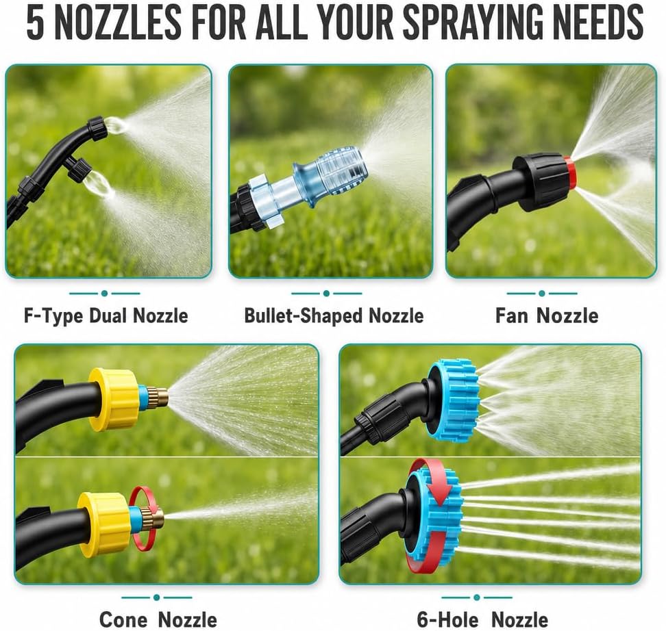 2 Gallon Battery Powered Sprayer, Electric Pump for Weed Killing & Fertilizing, 5 Nozzles, 2500mAh Rechargeable Garden