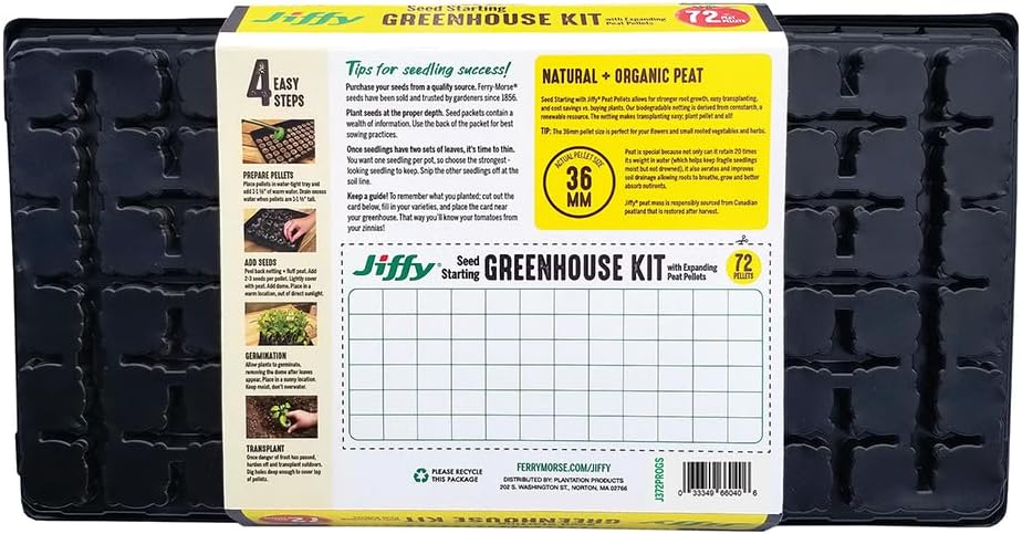 Ferry Morse Jiffy Seed Starting Greenhouse Tray Kit with 72 36mm Peat Pellets and Bonus SUPERthrive Sample + Plant