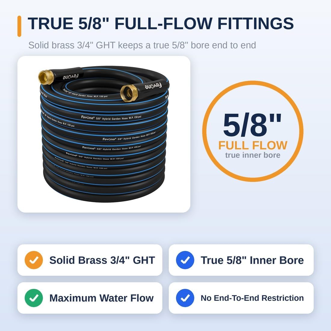 Kink Free Garden hose 100 ft, Heavy Duty Water Hose | Flexible Lightweight Hybrid Polymer, 5/8 ID, 600 PSI, Leak-Free