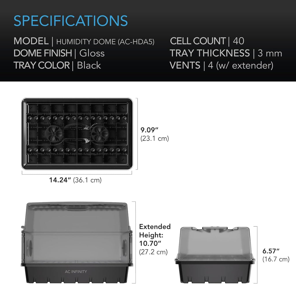 AC Infinity Humidity Dome, Heavy-Duty Germination Kit with 3 mm Thick Dome, Sturdy Drip Tray, 5x8 Cell Seedling Tray