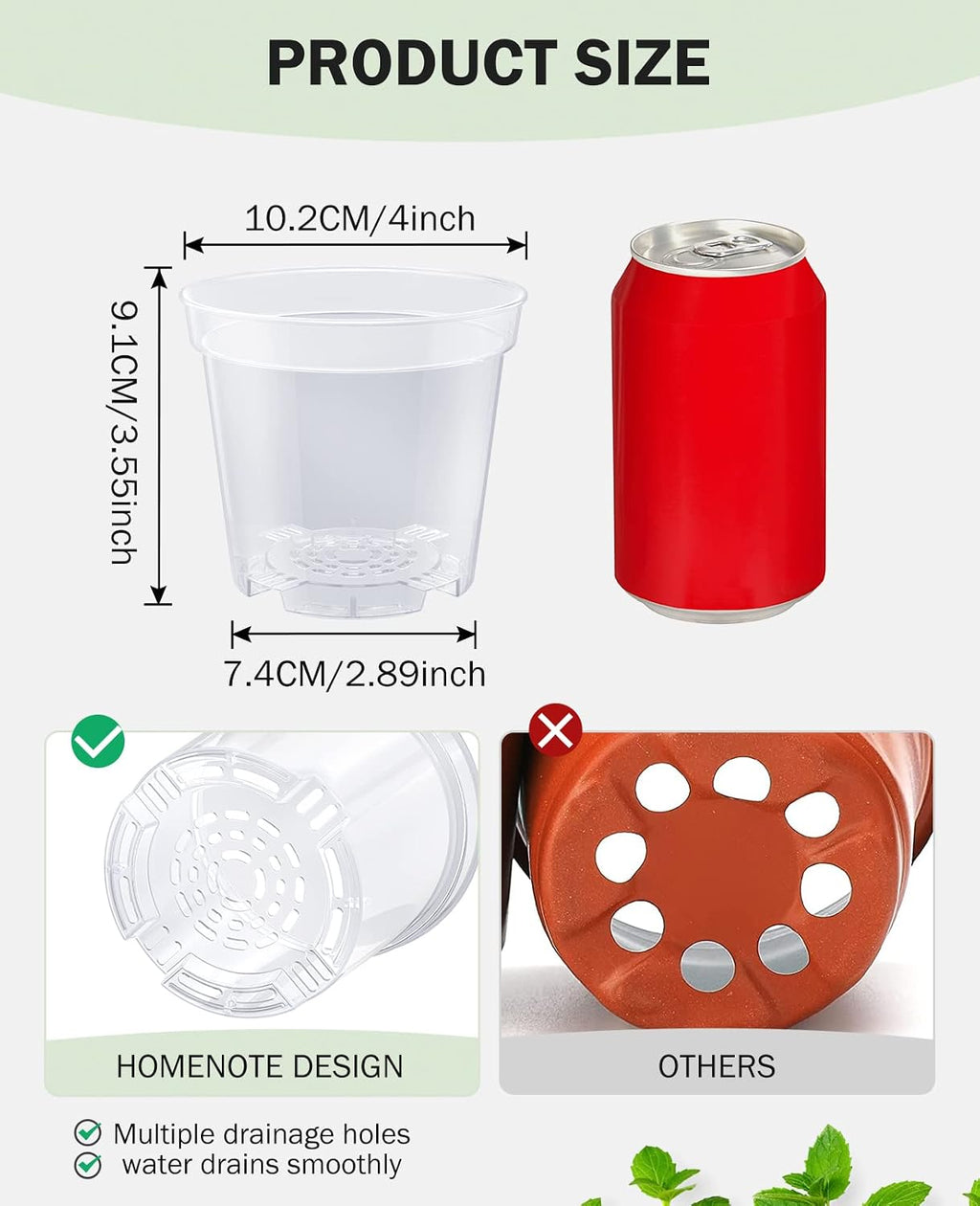 4 Inch Clear Nursery Pots for Plants with 20 Plant Labels (60 Pcs) | Multiple drainage holes and a raised base support