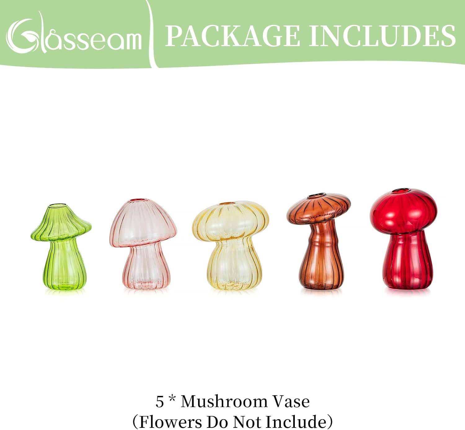Glasseam Mushroom Plant Propagation Station, Set of 5 Glass Terrarium Jars | Colorful Handmade Small Hydroponic