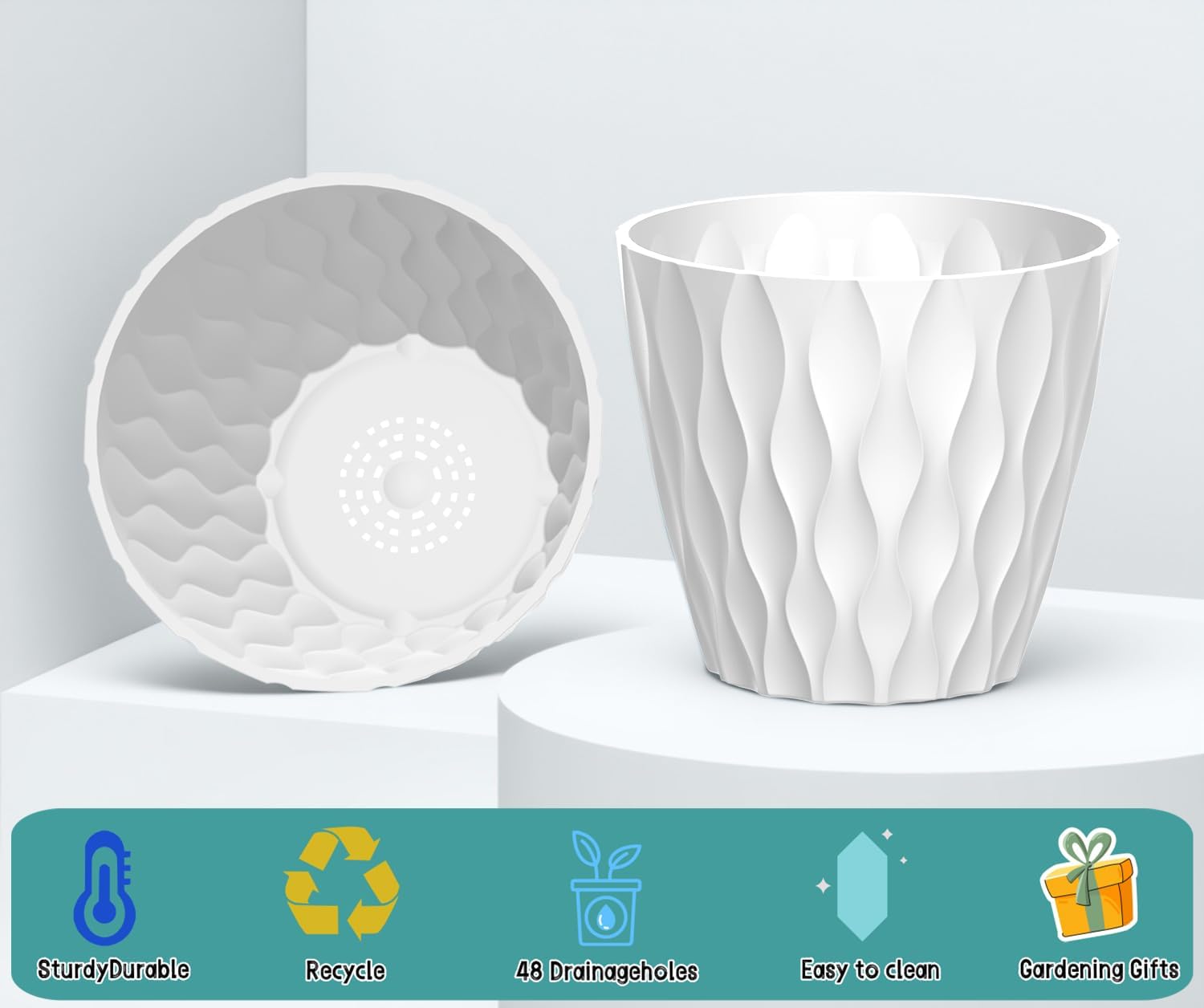 6 Pack 7 Inch Plant Pots with Drainage and Saucers, White Plastic Flower Pots for Indoor and Outdoor Plants, Stackable
