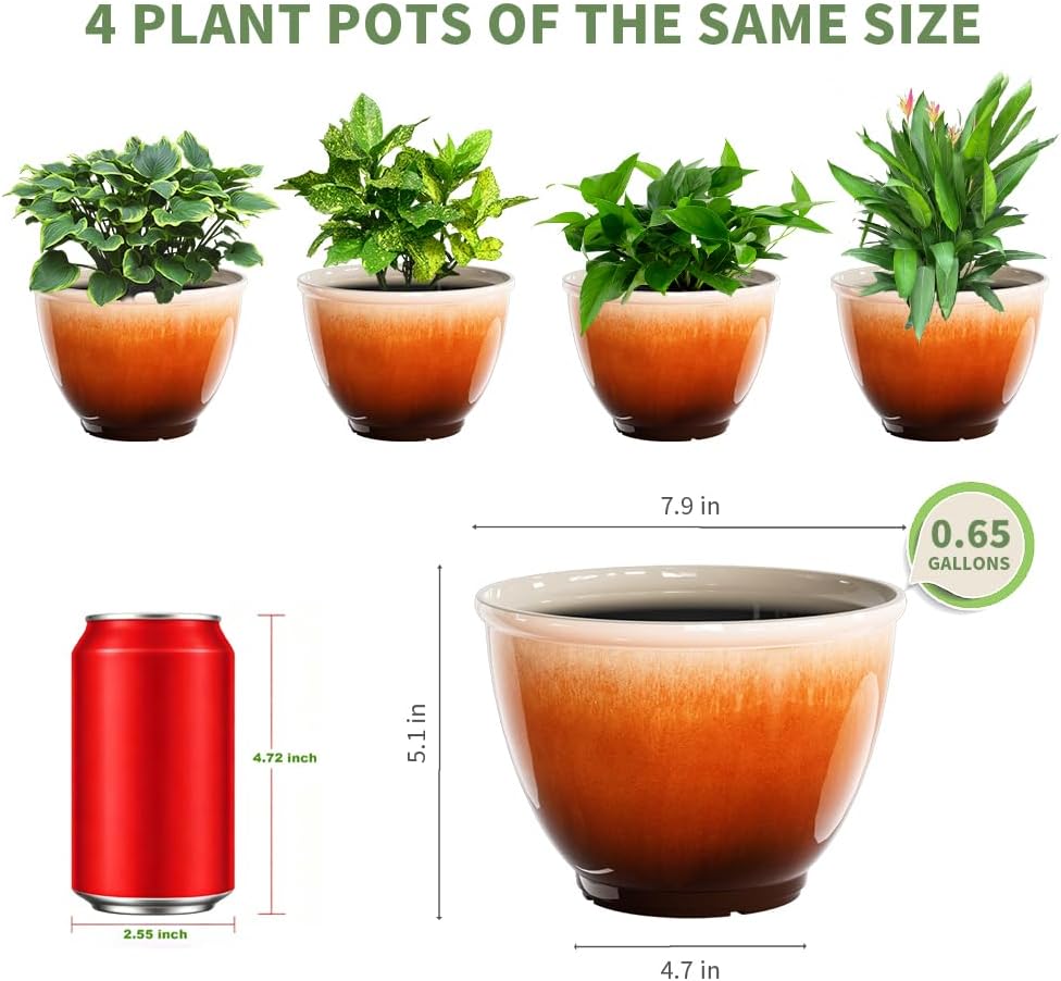 8 Inch Plant Pots Glazed Ceramic Look Planters with Drainage Hole,4 Pack | Modern Decorative Flower Pots for Indoor