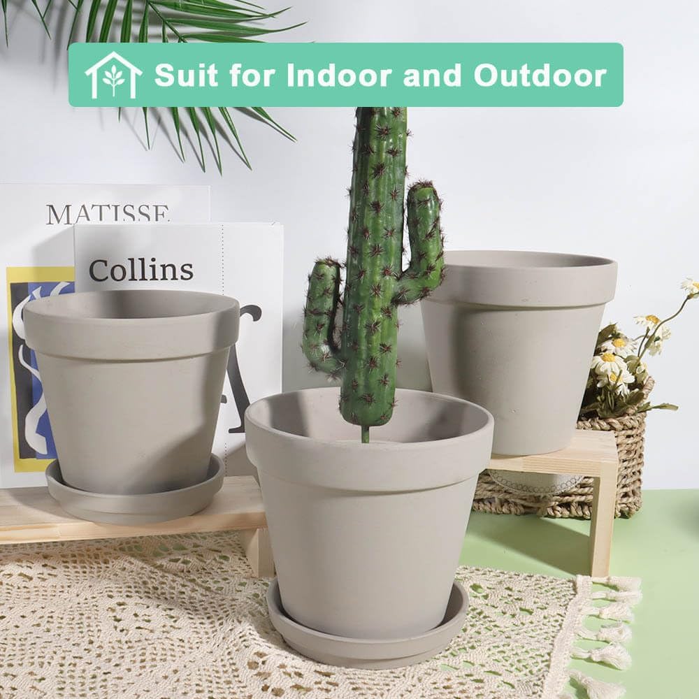 Gray 8 Inch Terracotta Pot for with Drainage - 2 Pack Large Terra Cotta Plant Pot with Saucers, Flower Clay Pot with