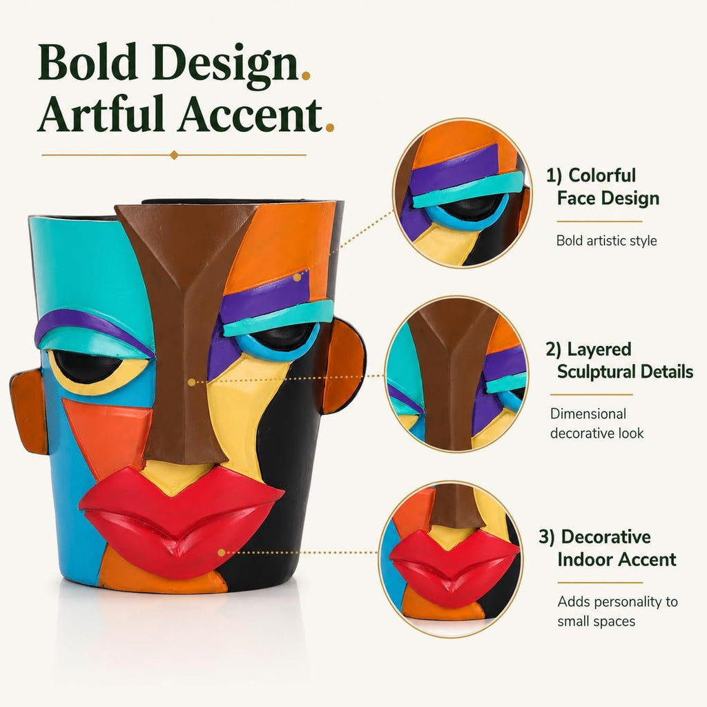 Abstract Face Planter Pot, Modern Face Planter for Indoor Plants, Colorful Cubist-Inspired Resin Plant Pot for
